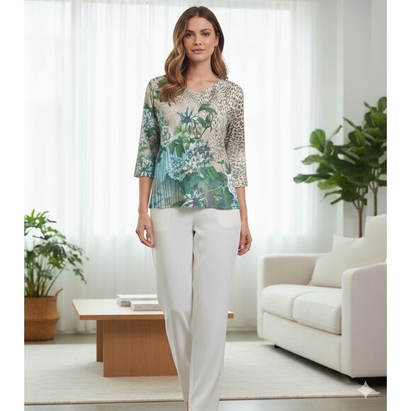 Chicos Women's (2) L Artsy Maximalist Floral Animal Print Mixed Media Tunic Top - Picture 2 of 10